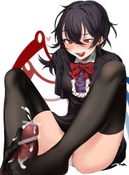 Rule 34 | 1boy, 1girl, :q, asymmetrical wings, black dress, black hair, black thighhighs, blush, breasts, cum, cum on body, cum on feet, dress, ejaculation, footjob, hair between eyes, heart, highres, houjuu nue, long hair, makita (vector1525), medium breasts, nose blush, open mouth, penis, red eyes, saliva, signature, simple background, solo focus, sweat, swept bangs, thighhighs, tongue, tongue out, touhou, white background, wings