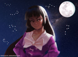 Rule 34 | 1girl, black hair, character name, doyora, full moon, hands on own hips, houraisan kaguya, japanese clothes, long hair, moon, night, night sky, red eyes, revision, sky, solo, touhou