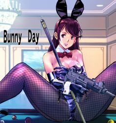 Rule 34 | 1girl, animal ears, ball, billiard ball, billiards, bow, bowtie, breasts, brown hair, bunny day, cleavage, collarbone, commentary request, cue stick, detached collar, fake animal ears, fishnet pantyhose, fishnets, gloves, gun, indoors, kamisimo 90, leotard, long hair, looking at viewer, machine gun, mp40, open mouth, original, pantyhose, playboy bunny, pool table, rabbit ears, red bow, red bowtie, sitting, solo, spread legs, submachine gun, table, thighs, weapon, wrist cuffs