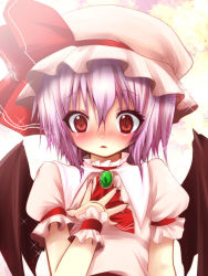 Rule 34 | 1girl, blush, female focus, fujisaki hikari, hand on another&#039;s chest, hand on own chest, highres, jewelry, light purple hair, red eyes, remilia scarlet, slit pupils, solo, sparkle, touhou, upper body, wings, wrist cuffs