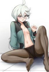 Rule 34 | 1girl, absurdres, artist request, blush, breasts, female focus, grey eyes, gundam, gundam suisei no majo, highres, long hair, medium breasts, miorine rembran, no bra, open clothes, open shirt, pantyhose, sitting, solo, white hair