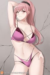 Rule 34 | 1girl, arm behind head, arm up, armpit crease, armpits, aslindsamure, banned artist, bare shoulders, black panties, blush, bra, breasts, cleavage, closed mouth, collarbone, contrapposto, crack, cracked wall, ear piercing, facial tattoo, girls&#039; frontline, gluteal fold, groin, highleg, highleg panties, highres, lace, lace-trimmed bra, lace trim, large breasts, linea alba, looking at viewer, multiple piercings, musical note, musical note tattoo, navel, panties, piercing, pink bra, pink eyes, pink hair, pink panties, ponytail, r5 (girls&#039; frontline), sideboob, skindentation, solo, standing, stomach, tattoo, thighs, underwear, underwear only, wall