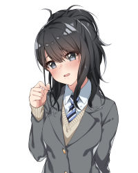 Rule 34 | 1girl, black eyes, black hair, blush, cardigan, commentary request, highres, idolmaster, idolmaster shiny colors, kazano hiori, long hair, looking at viewer, mole, mole under mouth, open mouth, ponytail, school uniform, simple background, solo, spicy moo, upper body, white background
