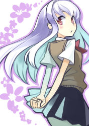Rule 34 | 1girl, arms behind back, bad id, bad pixiv id, blue hair, face, from behind, long hair, looking back, minoa (lastswallow), open mouth, original, pleated skirt, red eyes, school uniform, skirt, solo, sweater vest