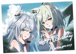 Rule 34 | 2girls, absurdres, animal ear fluff, animal ears, aqua eyes, arknights, bare arms, bare shoulders, black bracelet, black collar, bracelet, cat ears, cat girl, collar, commentary request, dress, earpiece, english text, green eyes, green hair, happy birthday, highres, infection monitor (arknights), jewelry, kal&#039;tsit (arknights), long hair, looking at viewer, medium hair, multiple girls, parted lips, rosmontis (arknights), upper body, white dress, white hair, wn (wani-noko)