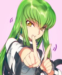 Rule 34 | 1girl, c.c., code geass, creayus, foreshortening, green hair, index finger raised, koi dance, long hair, long sleeves, looking at viewer, simple background, solo, straitjacket, triangle mouth, upper body, wide sleeves, yellow eyes