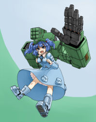 Rule 34 | 1girl, :d, backpack, bag, blue eyes, blue hair, boots, female focus, fenne, hair bobbles, hair ornament, hat, kawashiro nitori, key, matching hair/eyes, mechanical arms, open mouth, phenne, pocket, randoseru, short hair, single mechanical arm, smile, solo, touhou, twintails, two side up