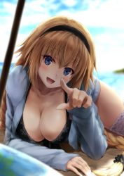 Rule 34 | 1girl, beach, bikini, black bikini, black hairband, black scrunchie, blonde hair, blue eyes, blurry, blurry background, blush, braid, breasts, cleavage, day, fate/apocrypha, fate (series), hair ornament, hair scrunchie, hairband, highres, jacket, jeanne d&#039;arc (fate), jeanne d&#039;arc (ruler) (fate), jeanne d&#039;arc (swimsuit archer) (fate), jeanne d&#039;arc (swimsuit archer) (first ascension) (fate), large breasts, long hair, looking at viewer, lying, ocean, open clothes, open jacket, open mouth, outdoors, pointing, pointing at viewer, sand, scrunchie, shade, sidelocks, single braid, smile, solo, suien, swimsuit, thighhighs, umbrella, very long hair