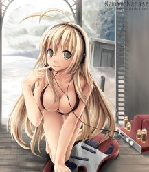 Rule 34 | 1girl, all fours, amplifier, antenna hair, bikini, blonde hair, breasts, cleavage, electric guitar, finger to mouth, green eyes, guitar, headphones, headset, highres, instrument, long hair, looking at viewer, namamo nanase, parted lips, smile, solo, swimsuit, thigh gap, tsurumaki maki, very long hair, vocaloid, voiceroid