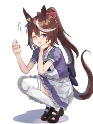 Rule 34 | 1girl, animal ears, back bow, blue eyes, blush, bow, brown footwear, brown hair, commentary request, ear ornament, hair between eyes, head rest, highres, horse ears, horse girl, horse tail, loafers, long hair, multicolored hair, notice lines, one eye closed, open mouth, petticoat, pink bow, pleated skirt, ponytail, puffy short sleeves, puffy sleeves, purple bow, purple shirt, school uniform, shirt, shoes, short sleeves, skirt, smile, solo, squatting, streaked hair, summer uniform, tail, the olphy, thighhighs, tokai teio (umamusume), tracen school uniform, umamusume, waving, white hair, white skirt, white thighhighs