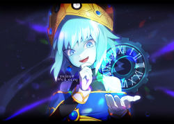 Rule 34 | 1girl, aeos, bare shoulders, blue eyes, blue hair, blue skin, clock, colored skin, dragon ball, dragon ball heroes, earrings, female focus, gears, gloves, hand on own chin, highres, jewelry, looking at viewer, nanatsuba (c4 eczq), off shoulder, open mouth, short hair, smile, solo, super dragon ball heroes, tiara