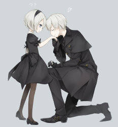 Rule 34 | 1boy, 1girl, :o, ?, ??, aged down, aged up, bad id, bad pixiv id, black coat, black dress, black footwear, black gloves, black hairband, black pants, black ribbon, blue eyes, brown pantyhose, closed eyes, closed mouth, coat, couple, dress, feather-trimmed sleeves, feather trim, from side, full body, gloves, unworn gloves, grey background, grey hair, hairband, hand up, heart, hetero, highres, kiss, kissing hand, kneeling, maerchen noir, mole, mole under mouth, nier:automata, nier (series), no blindfold, on one knee, open mouth, pants, pantyhose, puffy short sleeves, puffy sleeves, ribbon, role reversal, sash, shoes, short hair, short sleeves, sideways mouth, simple background, skirt, smile, white hair, 2b (nier:automata), 9s (nier:automata)
