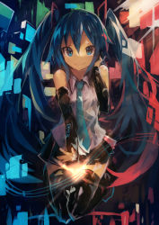 Rule 34 | 1girl, absurdres, aqua eyes, aqua hair, bare shoulders, black skirt, boots, detached sleeves, energy, hair between eyes, hair ornament, hand on headwear, hatsune miku, highres, jumping, kaamin (mariarose753), long hair, looking at viewer, necktie, outstretched arm, pleated skirt, skirt, smile, solo, thigh boots, thighhighs, twintails, very long hair, vocaloid