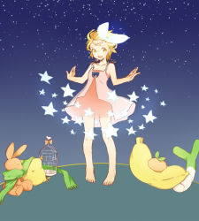 Rule 34 | 1girl, barefoot, blonde hair, dress, female focus, gradient background, hair ribbon, kagamine rin, matsu070193, open mouth, outdoors, ribbon, short hair, sky, smile, solo, star (symbol), stuffed animal, stuffed toy, vocaloid, yellow eyes