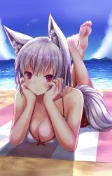 Rule 34 | 1girl, animal ears, backlighting, barefoot, beach, bikini, blue sky, blush, breasts, cleavage, cloud, commentary request, day, feet, hands on own cheeks, hands on own face, highres, inubashiri momiji, looking at viewer, lying, medium breasts, ocean, on stomach, oohirakeisuke, outdoors, red eyes, sand, short hair, silver hair, sky, smile, solo, swimsuit, tail, the pose, touhou, white bikini, wolf ears, wolf tail