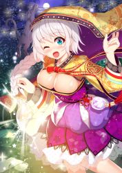Rule 34 | 1girl, ;d, bad id, bad pixiv id, black cat, blue eyes, braid, breasts, cat, cleavage, dress, floral print, hood, large breasts, long hair, moon, one eye closed, open mouth, original, outdoors, purple dress, ratio (ratio-d), smile, tassel, white hair