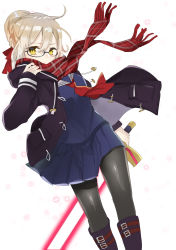 Rule 34 | 1girl, ahoge, artoria pendragon (all), artoria pendragon (fate), black pantyhose, blonde hair, blue skirt, braid, chashiba, commentary request, fate/grand order, fate (series), french braid, glasses, highres, holding, holding sword, holding weapon, jacket, mysterious heroine x alter (fate), mysterious heroine x alter (first ascension) (fate), open mouth, pantyhose, plaid, plaid scarf, red scarf, saber (fate), scarf, school uniform, semi-rimless eyewear, short hair, skirt, solo, sword, under-rim eyewear, weapon, yellow eyes