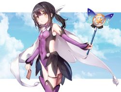 Rule 34 | 1girl, :o, bare shoulders, bbci, black hair, blush, breasts, brown eyes, cape, cloud, commentary request, fate/kaleid liner prisma illya, fate (series), hair between eyes, hair ornament, hair ribbon, hairclip, highres, holding, long hair, looking at viewer, miyu edelfelt, open mouth, ribbon, small breasts, solo, staff, thighhighs, twintails, white cape, white ribbon, x hair ornament