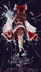 Rule 34 | 1girl, absurdres, bare shoulders, bow, broken glass, brown footwear, brown hair, commentary request, detached sleeves, eye mask, fox mask, frilled skirt, frilled sleeves, frills, full body, glass, hair bow, hakurei reimu, highres, holding, holding mask, long hair, long sleeves, mask, nontraditional miko, noyuki (3702), ofuda, petals, ponytail, red bow, red skirt, red vest, reflection, reflective water, ribbon-trimmed skirt, ribbon-trimmed sleeves, ribbon trim, ripples, shoe soles, skirt, solo, touhou, translation request, vest, walking, walking on liquid, white legwear, white sleeves, wide sleeves