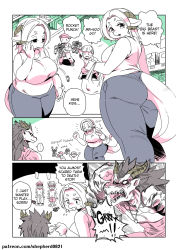 Rule 34 | ..., 1girl, 3boys, alternate language, beth (modern mogal), comic, commentary, dino (modern mogal), dragon boy, dragon girl, dragon horns, dragon tail, english text, furry, furry female, furry male, grabbing another&#039;s ear, hand on another&#039;s ear, highres, holding, holding toy, horns, husband and wife, limited palette, long hair, monster girl, multiple boys, original, pee, peeing, peeing self, scales, shepherd0821, size difference, spoken ellipsis, tail, toy, toy robot, translated, trembling