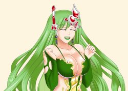 Rule 34 | 1990s (style), 1girl, bluebullpen, breasts, cleavage, closed eyes, final fantasy, final fantasy iv, green hair, happy, large breasts, lipstick, long hair, makeup, rydia (ff4), smile