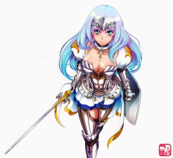 Rule 34 | 10s, 1girl, absurdres, annelotte, annelotte (queen's blade), armor, armored dress, breasts, cleavage, gradient hair, green eyes, highres, holding, holding sword, holding weapon, isshi, knight princess annelotte, large breasts, multicolored hair, navel, queen&#039;s blade, queen&#039;s blade rebellion, shield, solo, standing, sword, thighhighs, tiara, weapon