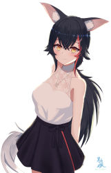 Rule 34 | 1girl, animal ear fluff, animal ears, arms behind back, bare arms, bare shoulders, black hair, black skirt, closed mouth, cowboy shot, flipped hair, hair between eyes, hair ornament, hairclip, halterneck, high-waist skirt, highres, hololive, kuroki ookami (blackwolfpaint), lace, light blush, long hair, looking at viewer, low ponytail, miniskirt, multicolored hair, ookami mio, ookami mio (street), red hair, shirt, sidelocks, signature, simple background, skirt, sleeveless, sleeveless shirt, smile, solo, streaked hair, tail, very long hair, virtual youtuber, white background, white shirt, wide ponytail, wolf ears, wolf girl, wolf tail, yellow eyes
