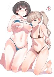 Rule 34 | 2girls, :q, barefoot, bikini, black hair, blue bikini, blue eyes, grabbing another&#039;s breast, breasts, cleavage, collarbone, commentary request, eyepatch bikini, flat chest, flying sweatdrops, grabbing, heart, highres, inu (aerodog), kneeling, large breasts, licking lips, light brown hair, long hair, looking at viewer, micro bikini, multiple girls, navel, o3o, original, ponytail, red eyes, short hair, side ponytail, simple background, spoken heart, swimsuit, tongue, tongue out, white background
