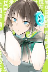 Rule 34 | 1girl, black bow, black bowtie, blue eyes, blush, bow, bowtie, brown hair, closed mouth, copyright request, doko tetora, green background, hands up, headphones, highres, kamen rider, kamen rider 01 (series), long sleeves, looking at viewer, sanpaku, solo, upper body