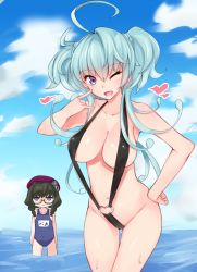Rule 34 | 10s, 2girls, age difference, ahoge, alternate costume, aqua hair, armpits, arms at sides, bad id, bad pixiv id, bare arms, bare legs, bare shoulders, beret, bikini, black-framed eyewear, black bikini, black hair, black one-piece swimsuit, blue hair, blue one-piece swimsuit, blue sky, blush, braid, breasts, cagliostro (symphogear), cleavage, cloud, collarbone, commentary request, day, female focus, glasses, groin, hair between eyes, hand on own hip, hat, heart, heart o-ring, large breasts, legs, long hair, looking at viewer, multiple girls, navel, neck, one-piece swimsuit, one eye closed, open mouth, outdoors, prelati (symphogear), purple eyes, purple headwear, school swimsuit, semi-rimless eyewear, senki zesshou symphogear, short hair, sky, slingshot swimsuit, smile, standing, swimsuit, twin braids, two side up, wading, water, wet, wink, yoi naosuke