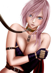 Rule 34 | 10s, 1girl, bdsm, belt, blue eyes, blush, bondage, bound, breasts, cleavage, collar, covering privates, covering breasts, crimson comics, crossed arms, elbow gloves, female focus, final fantasy, final fantasy xiii, fingerless gloves, gloves, leash, lightning farron, long hair, pink hair, solo, sweat, tattoo