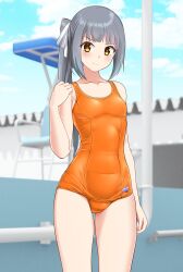 1girl absurdres alternate_costume blue_sky blurry blurry_background breasts brown_eyes cloud day grey_hair hair_ribbon highres kantai_collection kasumi_(kancolle) long_hair looking_at_viewer one-piece_swimsuit orange_one-piece_swimsuit outdoors ribbon school_swimsuit side_ponytail sky small_breasts smile solo standing swimsuit takafumi white_ribbon