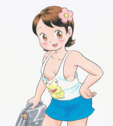 Rule 34 | 1girl, bag, bare arms, bare shoulders, blush, breasts, brown eyes, brown hair, dokonjou gaeru, downblouse, flower, grey background, hair flower, hair ornament, hand on own hip, holding, holding bag, looking at viewer, marup, matching hair/eyes, medium breasts, no bra, open mouth, pyonkichi, short hair, simple background, skirt, smile, solo, standing, tank top, yoshizawa kyouko