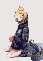 Rule 34 | 1girl, abigail williams (fate), abigail williams (traveling outfit) (fate), absurdres, black bow, black jacket, blonde hair, blue eyes, bow, brown background, closed mouth, commentary request, eyes visible through hair, fate/grand order, fate (series), hair bow, hair bun, head tilt, highres, jacket, kasoku souchi, long hair, long sleeves, looking at viewer, hugging object, official alternate costume, orange bow, parted bangs, polka dot, polka dot bow, red footwear, shoes, single hair bun, sitting, sleeves past fingers, sleeves past wrists, solo, stuffed animal, stuffed toy, suction cups, teddy bear, tentacles, wariza
