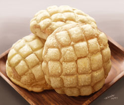 Rule 34 | absurdres, bread, brown background, dated, food, food focus, gradient background, highres, melon bread, no humans, original, plate, shadow, signature, still life, tainosuke