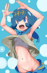 Rule 34 | 1girl, :o, armpits, bad id, bad pixiv id, bare shoulders, blue eyes, blue hair, blue sailor collar, blush, breasts, breasts apart, clothes pull, creatures (company), game freak, hair ornament, lana (pokemon), navel, nintendo, no bra, no pussy, no swimsuit, ontaros, open mouth, pants, pants pull, pokemon, pokemon sm, sailor collar, shirt, short hair, sleeveless, sleeveless shirt, small breasts, smile, solo, trial captain, underboob