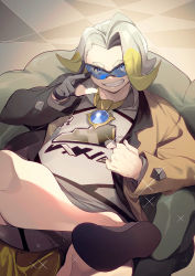 Rule 34 | 1boy, absurdres, black-framed eyewear, blue-tinted eyewear, blue eyes, brown jacket, clenched teeth, collared shirt, commentary request, creatures (company), crossed legs, game freak, gloves, gordie (pokemon), grey shirt, gym leader, hand up, highres, holding, holding clothes, holding jacket, jacket, jewelry, male focus, multicolored hair, necklace, nintendo, no-kan, open clothes, open jacket, pokemon, pokemon swsh, ring, shirt, shoes, shorts, single glove, sitting, smile, solo, sunglasses, teeth, tinted eyewear, two-tone hair