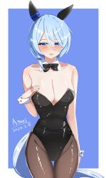Rule 34 | a.nori, absurdres, artist name, black bow, black bowtie, black leotard, black pantyhose, blue background, blue eyes, bow, bowtie, breasts, cleavage, dated, detached collar, ear covers, groin, highres, k.s.miracle (umamusume), large breasts, leotard, nontraditional playboy bunny, pantyhose, rabbit tail, short hair, strapless, strapless leotard, tail, thigh gap, two-tone background, umamusume, wrist cuffs