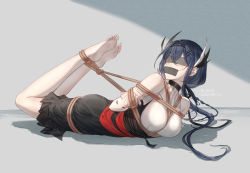 Rule 34 | 1girl, arknights, arms behind back, bare legs, bare shoulders, barefoot, bdsm, black skirt, blindfold, blue hair, bondage, bound, breasts, cantabile (arknights), chenjiyan y, chinese commentary, commentary request, feather hair, female focus, gag, gagged, grey background, hair between eyes, hair ornament, hairclip, highres, hogtie, improvised gag, large breasts, long hair, lying, mole, mole under eye, on stomach, rope, shirt, skirt, sleeveless, sleeveless shirt, solo, tape, tape gag