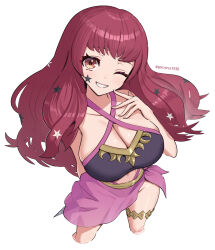 Rule 34 | 1girl, bikini, black bikini, breasts, cleavage, commentary request, fingernails, fire emblem, fire emblem engage, gonzarez, grin, hair ornament, highres, holding, holding weapon, kunai, large breasts, long hair, looking at viewer, navel, nintendo, official alternate costume, one eye closed, red eyes, red hair, sarong, simple background, smile, solo, star (symbol), star hair ornament, swimsuit, teeth, twitter username, weapon, white background, yunaka (fire emblem)