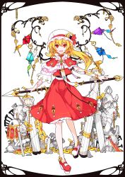 Rule 34 | 1girl, :d, armor, asymmetrical clothes, asymmetrical footwear, blonde hair, border, bracelet, bridal garter, broken, broken chain, brooch, capelet, chain, choker, earrings, embellished costume, female focus, flandre scarlet, hat, hat ribbon, highres, holding, ideolo, jewelry, looking at viewer, mismatched footwear, nail polish, no nose, open mouth, pointy ears, polearm, red eyes, ribbon, ring, rubble, side ponytail, simple background, skirt, skirt set, smile, solo, spear, thigh strap, touhou, weapon, white background, wings