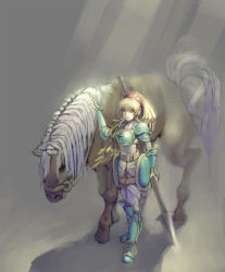 Rule 34 | 1girl, armor, armored boots, bad id, bad pixiv id, blonde hair, boots, fire emblem, fire emblem gaiden, gradient background, highres, horse, lance, long hair, mathilda (fire emblem), nintendo, polearm, ponytail, solo, striped, striped background, watchers, weapon, yellow eyes