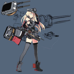 Rule 34 | 10s, 1girl, bismarck (kancolle), bismarck drei (kancolle), blonde hair, blue eyes, boots, breasts, detached sleeves, gloves, grey thighhighs, hat, hat tip, kantai collection, long hair, looking at viewer, lowres, military, military hat, military uniform, official art, peaked cap, personification, shimada fumikane, solo, thighhighs, uniform