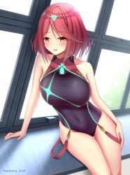 Rule 34 | 1girl, absurdres, artist name, blush, breasts, competition swimsuit, covered navel, day, gem, gerbera kyun, hair ornament, headpiece, highres, jewelry, large breasts, leaves, looking at viewer, nintendo, one-piece swimsuit, open mouth, pool, pyra (pro swimmer) (xenoblade), pyra (xenoblade), red eyes, red hair, rei no pool, sitting, sky, smile, sunlight, swept bangs, swimsuit, thighs, tiara, turtleneck, twitter username, xenoblade chronicles (series), xenoblade chronicles 2