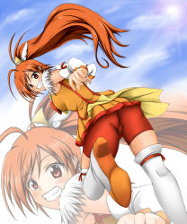 Rule 34 | 10s, 1girl, alternate hair length, alternate hairstyle, blue background, boots, cameltoe, cure sunny, dress, eyelashes, fuuma nagi, grin, hair down, hair ornament, hairpin, highres, hino akane (smile precure!), lens flare, long hair, looking back, magical girl, orange dress, orange hair, orange skirt, orange theme, ponytail, precure, red eyes, red shorts, shorts, shorts under skirt, skirt, smile, smile precure!, solo, thigh boots, thighhighs, white thighhighs, zoom layer