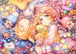 Rule 34 | 1boy, 1girl, aqua eyes, bass clef, bead necklace, beads, bed sheet, blonde hair, blue bow, blue bowtie, blue flower, blue gemstone, blue ribbon, bouquet, bow, bowtie, box, cameo, candy, character doll, commentary, crescent, cupcake, dress, facing viewer, flower, food, frilled dress, frilled shirt collar, frills, gem, glowing flower, green gemstone, hair bow, hair ornament, hairclip, hana (mew), hat, highres, hugging object, ice cream, jewelry, kagamine len, kagamine rin, kiki (little twin stars), lala (little twin stars), layered sleeves, letter, little twin stars, lollipop, long sleeves, looking at viewer, lying, mob cap, neck ribbon, necklace, on back, on bed, on side, parted lips, pillow, pink bow, pink dress, pink flower, pink gemstone, project sekai, red bow, red bowtie, red gemstone, ribbon, ribbon-trimmed headwear, ribbon-trimmed wrist cuffs, ribbon trim, sanrio, see-through, see-through headwear, see-through sleeves, short hair, sleeping, sleepwear, sparkle, star (symbol), star hair ornament, stuffed star, swirl lollipop, toy, treasure chest, treble clef, unworn jewelry, unworn necklace, upside-down, vocaloid, wrist cuffs, yellow gemstone