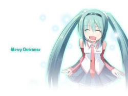 Rule 34 | alternate color, bad id, bad pixiv id, blue hair, christmas, detached sleeves, happy, hatsune miku, kakaon, long hair, necktie, skirt, solo, twintails, vocaloid, wallpaper