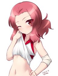 Rule 34 | 1girl, blush, breasts, closed mouth, collarbone, dated, girls und panzer, hand on own hip, highres, kuzuryuu kennosuke, looking at viewer, navel, one eye closed, red eyes, red hair, rosehip (girls und panzer), signature, simple background, small breasts, solo, sportswear, sweat, upper body, volleyball uniform, white background, wiping sweat