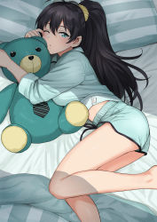 Rule 34 | 1girl, antenna hair, aqua eyes, aqua shirt, aqua shorts, ass, bare legs, barefoot, bed, black hair, black necktie, blanket, breasts, collared shirt, commentary, hugging doll, drawstring, feet out of frame, fingernails, ganaha hibiki, hair between eyes, hair ornament, hair scrunchie, hands up, high ponytail, highres, idolmaster, idolmaster (classic), indoors, light blush, long hair, long sleeves, looking at viewer, lying, medium breasts, midriff peek, necktie, hugging object, on bed, on side, one eye closed, pajamas, parted lips, pillow, ponytail, rubbing eyes, scrunchie, shirt, short shorts, shorts, sleepy, sleeves pushed up, solo, striped necktie, striped pillow, stuffed animal, stuffed toy, tag, teddy bear, tsurui, yellow scrunchie