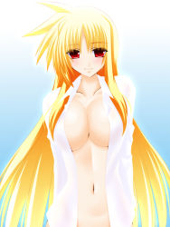 Rule 34 | 00s, 1girl, blonde hair, blush, breasts, cleavage, dress shirt, engo (aquawatery), fate testarossa, large breasts, long hair, lyrical nanoha, mahou shoujo lyrical nanoha, mahou shoujo lyrical nanoha strikers, naked shirt, navel, open clothes, open shirt, red eyes, shirt, smile, solo